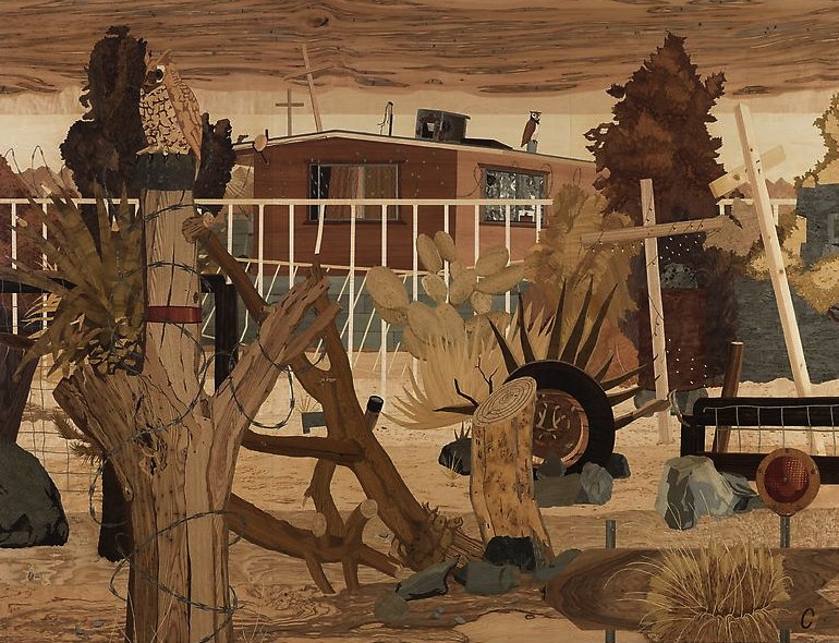 Security House
2008?2010 
wood veneer, shellac 
93 x 122 inches; panel 1: 93 x 43 inches; panel 2: 93 x 39 inches; panel 3: 93 x 39 inches