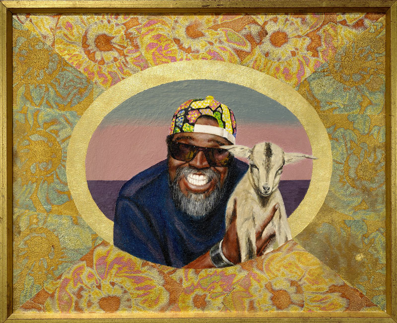 Lunch with Picasso: Curry Goat for Two
Oil, acrylic, and gold variegated leaf on cotton canvas
15 3/4 x 19 3/4 inches
2003