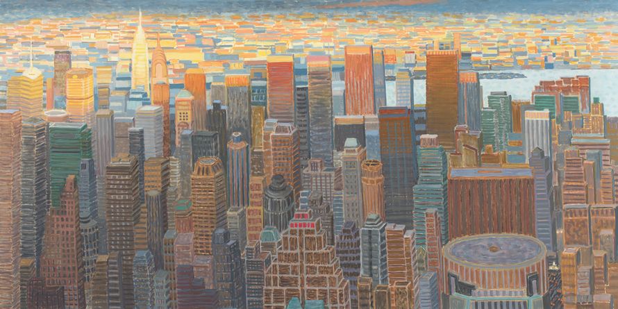 NY Aerial View From Helicopter (Looking East From Hudson Yards Area) II, 2011-12. Oil on linen, 49 x 97.5 in.