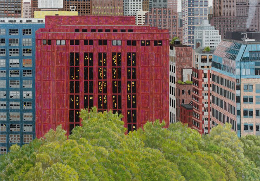 Washington Square View With Bobst Library at NYU II, 2010-11. Oil on canvas, 48.75 x 69.5 in.