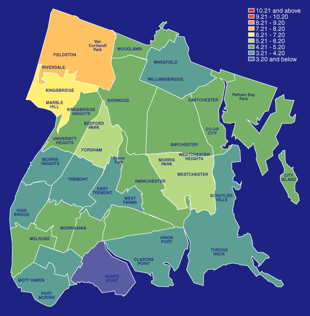 The Bronx: Most outer boroughs see clusters of high Bohemian Index numbers at their access points to Manhattan?along the subway lines in Brooklyn and Queens and around the Staten Island Ferry terminal. In the Bronx, the highest Bohemian Index numbers are recorded at its border with Westchester.