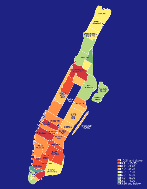 Manhattan: Bohemian tendencies are seen circling outward from NYU and Columbia, occupying select areas nearby (notably not Harlem or East Harlem, which offer a distinct drop in bohemian-ness from contiguous Morningside Heights).