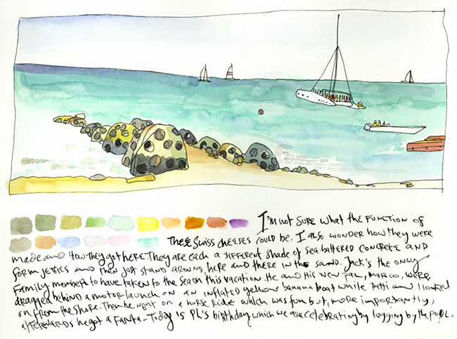 ‘I’m not sure what the function of these Swiss cheeses could be. I also wonder how they were made and how they got here. They are each a different shade of sea-battered concrete and form jetties and then just stand around, here and there in the sand. Jack’s the only family member to have taken to the sea on this vacation. He and his new pal, Marco, were dragged behind a motor launch on an inflated yellow banana boat while Patti and I looked on from the shore. Then he went on a horse ride which was fun but, more importantly, afterwards he got a Fanta. Today is Patti’s birthday which we are celebrating by lugging by the pool.’