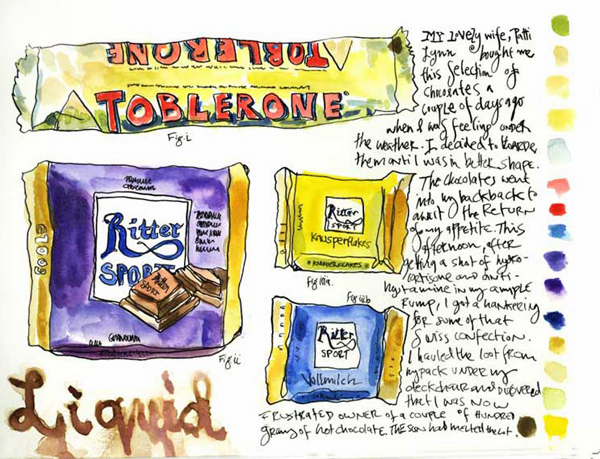 ‘My lovely wife, Patti Lynn bought me this selection of chocolates a couple of days ago when I was feeling under the weather. I decided to hoard them until I was in better shape. The chocolates went into my backpack to await the return of my appetite. This afternoon, after getting a shot of hydrocortisone and antihistamine in my ample rump, I got a hankering for some of that Swiss confection. I hauled the lot from my pack under my deck chair and discovered that I was now a frustrated owner of a couple of hundred grams of hot chocolate. The sun had melted the lot.’