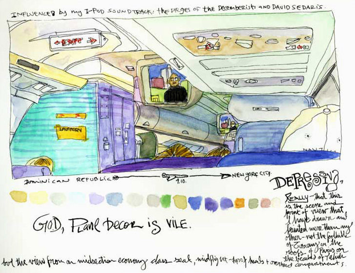‘Influenced by my iPod soundtrack: the dirges of the Decemberists and David Sedaris.<br /><br />
God, plane decor is vile. <br /><br />
Depressing, really that this is the scene and point of view that I have drawn and painted more than any other – not the foot hills of Tuscany or the rooftops of Paris or the beaches of Tahiti but the view from a midsection economy-class seat, midflight, tops of heads and overhead compartments.’